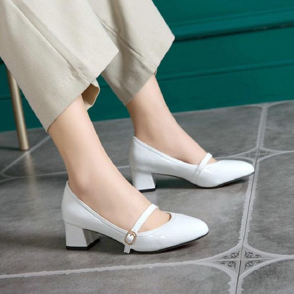 

sianie tianie 2020 patent pu leather round toe chunky women's middle heels ladies pumps white red woman mary janes shoes size 47, Black