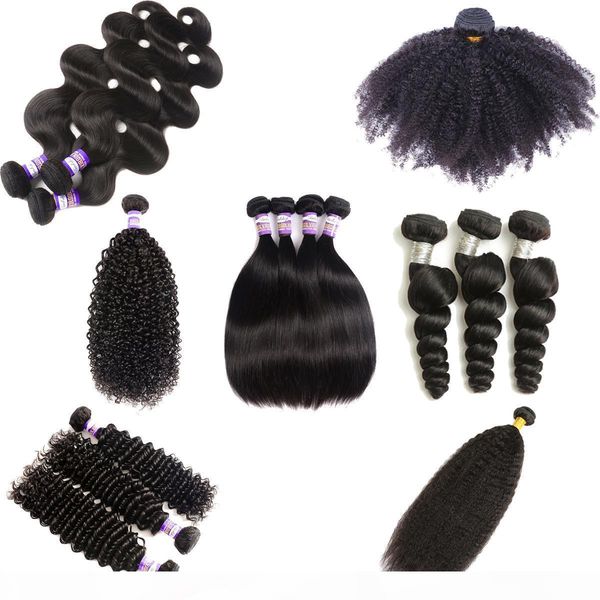 

9a brazilian human hair extensions kinky curly virgin hair straight body wave loose deep water wave weaves remy human hair 3 bundles, Black