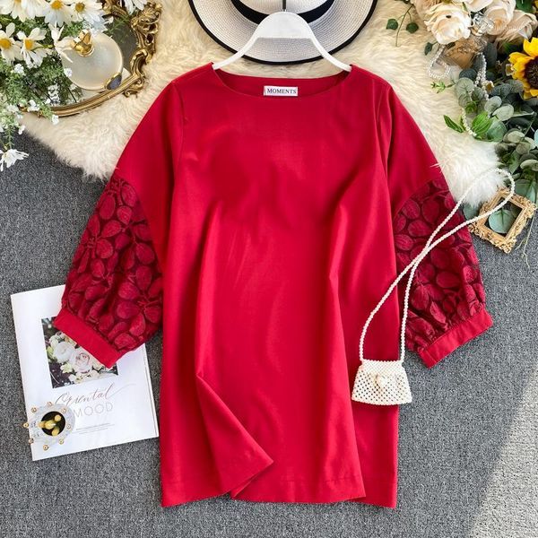 

women's mesh embroidered puff sleeve splicing loose skinny shirt autumn spring solid color casual blouse k4281, White