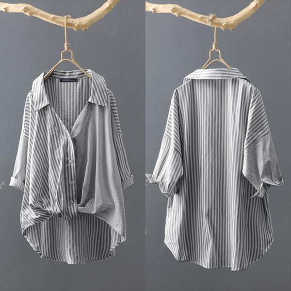 

fashion patchwork shirts womens summer striped blouse zanzea casual button down blusas female lapel asymmetrical oversized, White