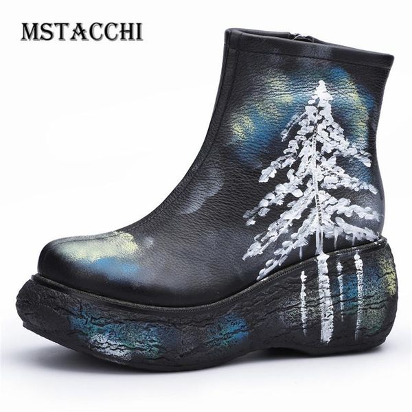 

mstacchi woman graffiti painting wedges short boots ethnic sewing round toe martin boots novelty miss zipper pleated ankle, Black