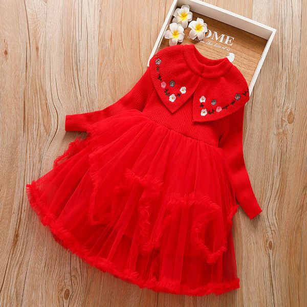 

girl's autumn 2020 sle skirt foreign long sve children's embroidered woolen drs, Red;yellow