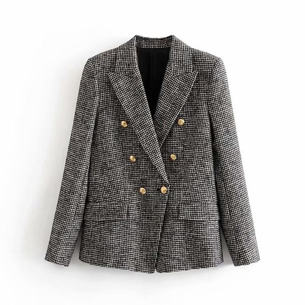 

elegant women tweed plaid blazers suits notched neck houndstooth jacket double breasted pockets fashion coat female chaquetas, White;black