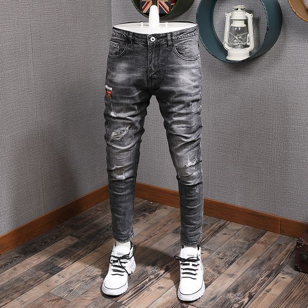 

2021 new fashion streetwear gray color elastic slim fit ripped men printed designer denim pants hip hop jeans homme e50w, Blue