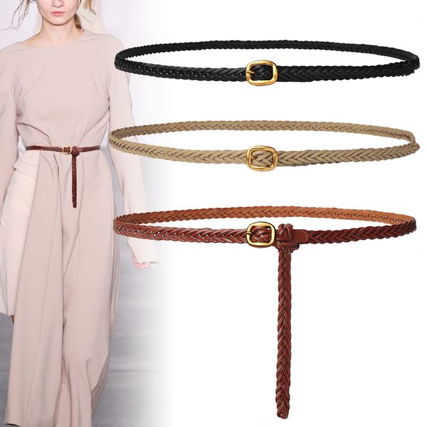

woven belt, women's leather, simple, 100 collocation, skirt, coat, fashion, korean ins style decorative belt, Black;brown
