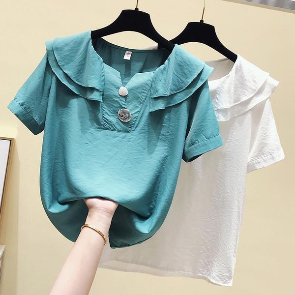 

2021 new summer women sweet loose double-layer ruffles shirt ladies short sleeves female high street blouse n35, White