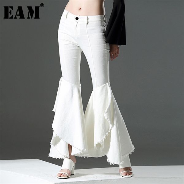 

[eam] high waist white denim customized ruffles flare trousers new loose fit pants women fashion tide spring autumn 2020 lj201029, Black;white