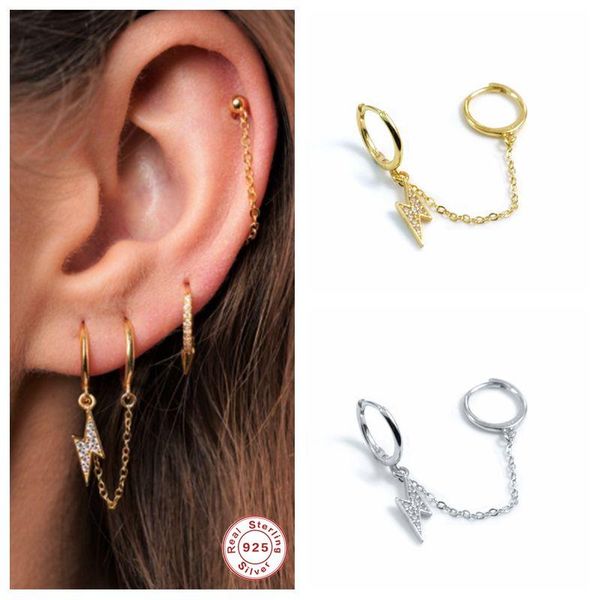 

hoop & huggie 925 sterling silver luxury lighting shape double earring zircon statement earrings fine jewelry for woman ladies, Golden;silver