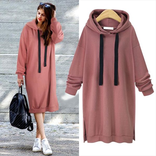 

2020 autumn winter women hoodies casual side split long sleeve slim plus thick sweatshirt dress pullover long drawstring hoodie, Black