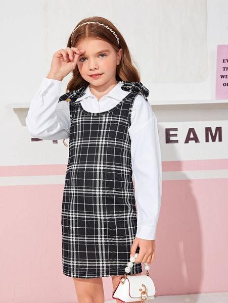 

girls plaid tie shoulder dress without blouse she, Red;yellow