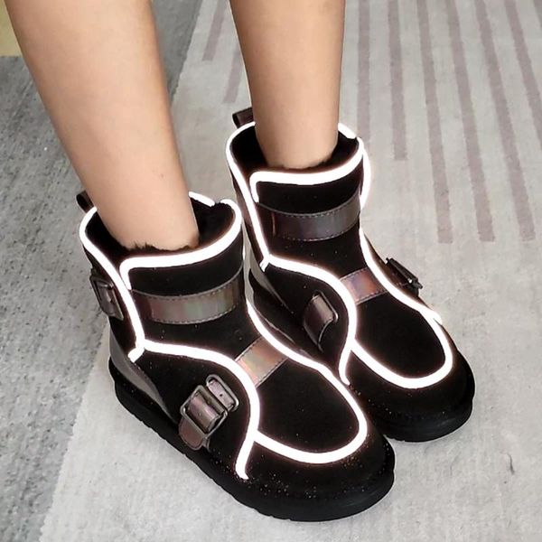 

classic genuine leather snow boots for women winter boots women warm female shoes luminous shoes, Black