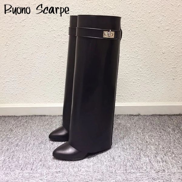 

genuine leather shark lock metal decor belt knee high botas mujer wedges women's shoes pointed toe black fold design boots q1104
