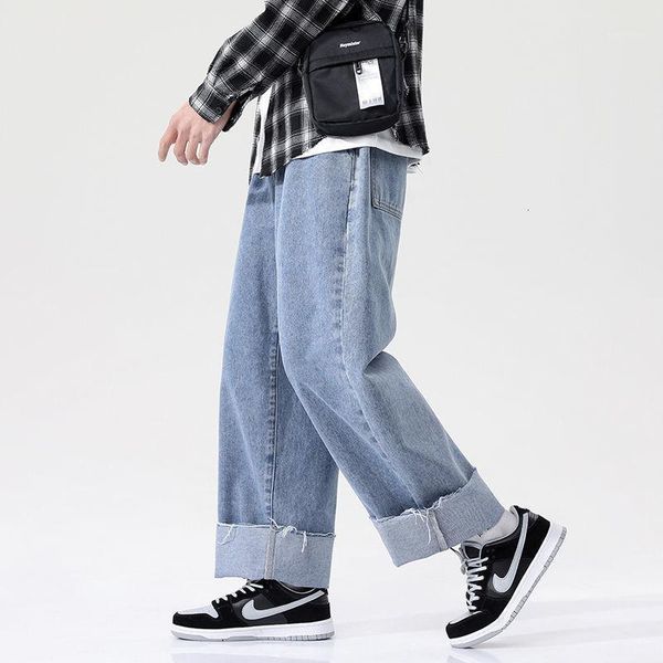 

neploha men's casual oversize straight jeans woman spring summer new 2021 denim pants man solid color korean streetwear jeans1, Blue