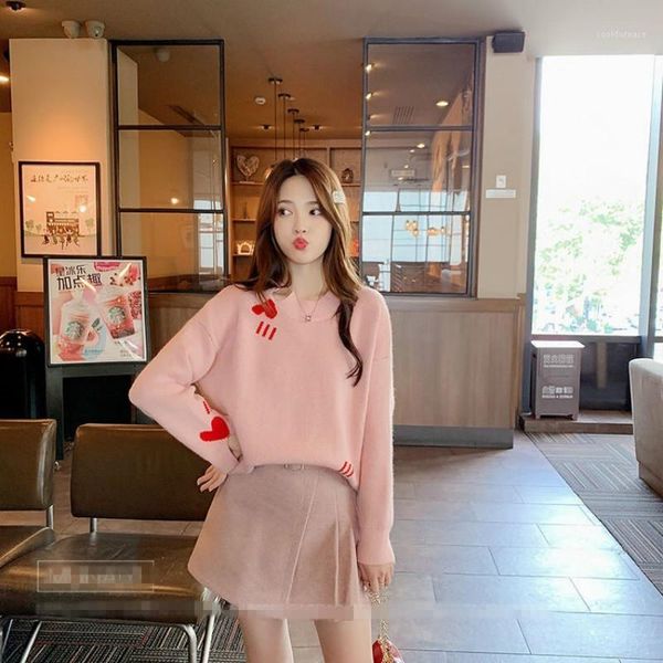 

2 piece set korean pink sweater woolen skirts suit fall winter women's love heart jacquard sweater with belt a-line skirt y2711, Gray