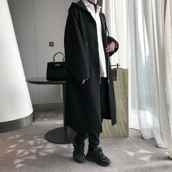 

korean style hooded woolen coat men's fashion casual black long woolen coat men wild loose trench mens overcoat