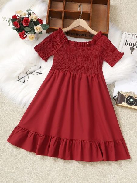 

girls shirred puff sleeve ruffle hem dress she, Red;yellow