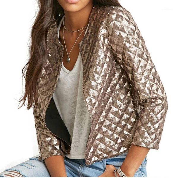 

women's jackets wholesale- fashion women j lozenge gold sequins short three quaters sleeves outwear coats female casual plus size1, Black;brown