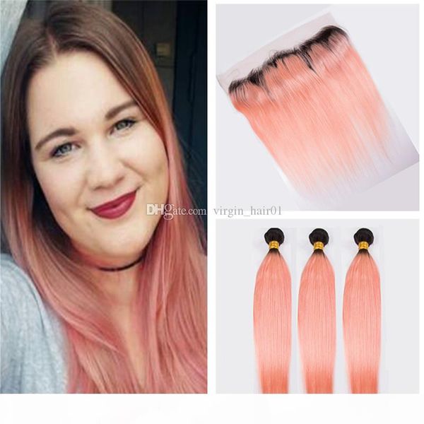 

two tone 1b rose gold ombre бразильский virgin человеческий ткет волос с closure фронтальная straight розовый ombre шнурок закрытие с 3 связ, Black;brown