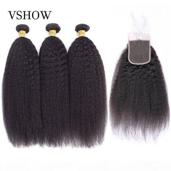 

kinky straight hair bundles with closure vshow 3 4 bundles with closure yaki human hair weaves remy hair bundles with closure, Black