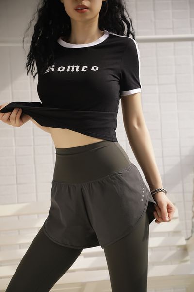 

New Women High Waist Casual Yoga Pant Lady Fake two Running Fitness Slack Clift Hip Tight Quick Dry Stretch Sports Pants Spring Annual 2021, Black
