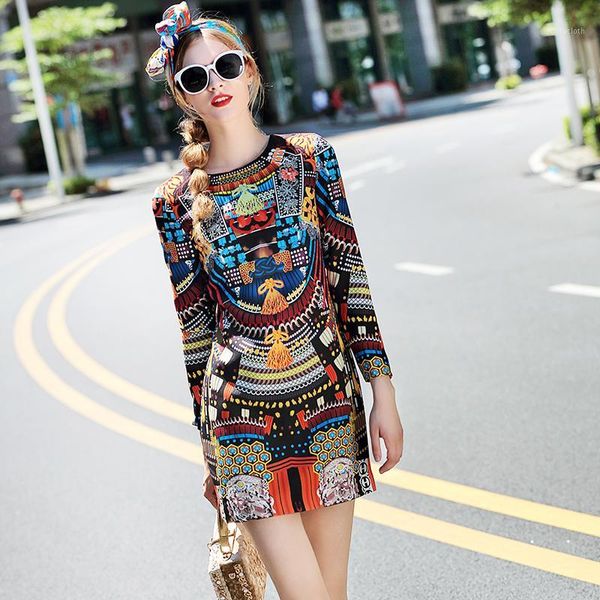 

2020 spring dresses for women brand fashion designer runway dresses long sleeve vintage print slim short casual dress vestidos1, Black;gray