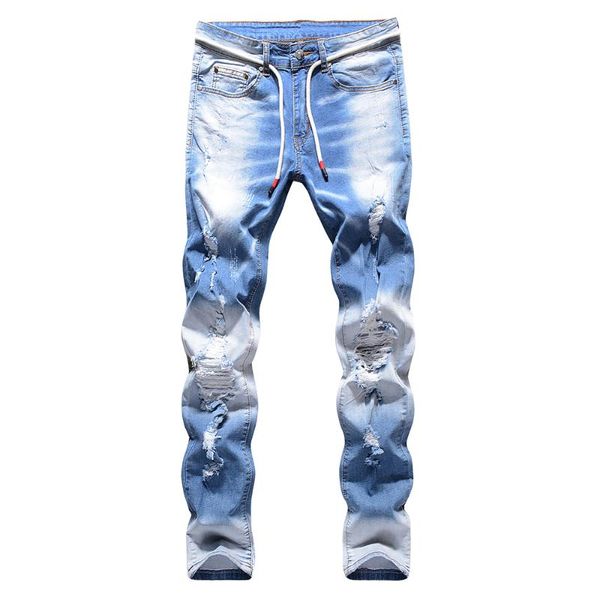 

men's jeans light blue holes ripped stretch denim streetwear slim skinny destroyed pants trousers