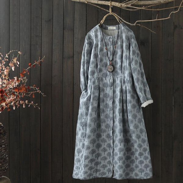 

loose cotton dress women long sleeve o-neck print dresses mori girl nt, Black;gray