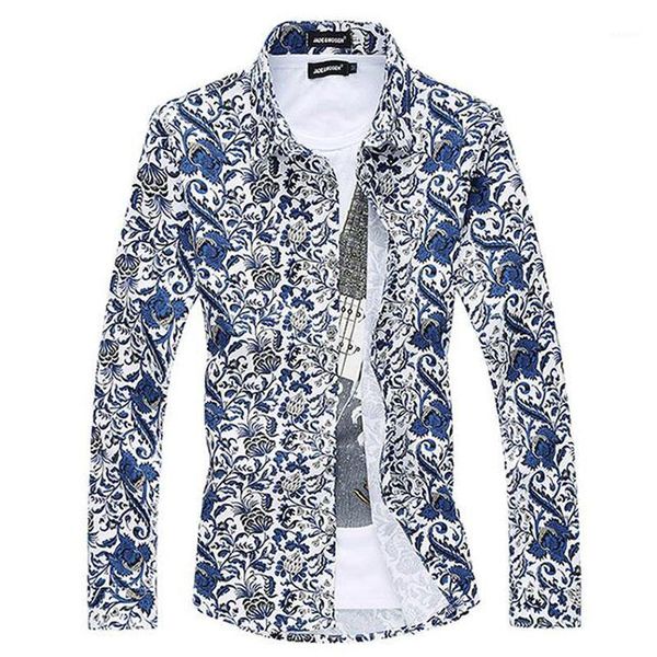 

wholesale- 6xl printed blouse men designs casual chemise homme floral dress shirts fashion slim blusa masculina brand formal camisa social1, White;black
