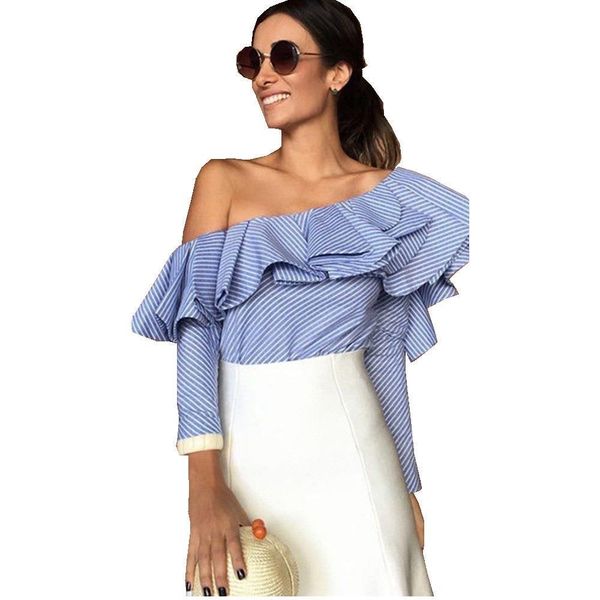 

ruffles off the shoulder stylish blouse 2017 women trendy two layers ruffles summer casual shirt new, White