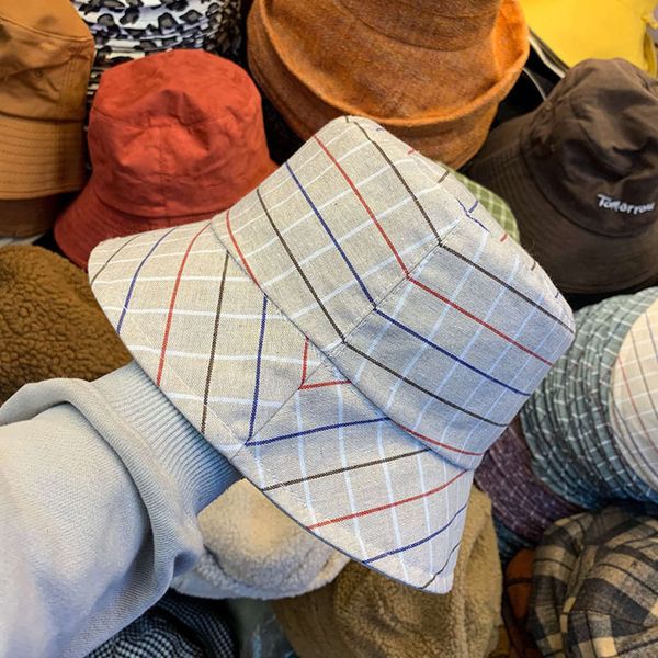 

mini 2020 spring new fresh cotton double side lattice fisherman's hat, Blue;gray