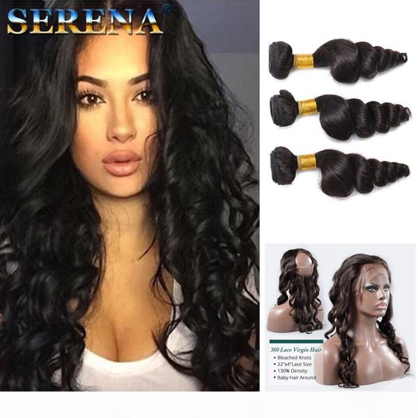 

pre plucked 360 lace frontal closure with 3 bundles 9a brazilian loose deep wave virgin human hair weave with full lace band frontal, Black;brown