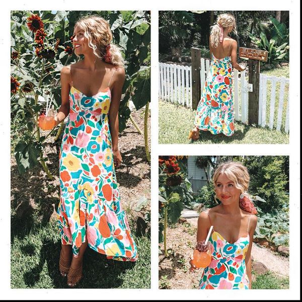 

summer women spaghetti strap backless fashion boho maxi dress evening party club wear beach sundress, Black;gray