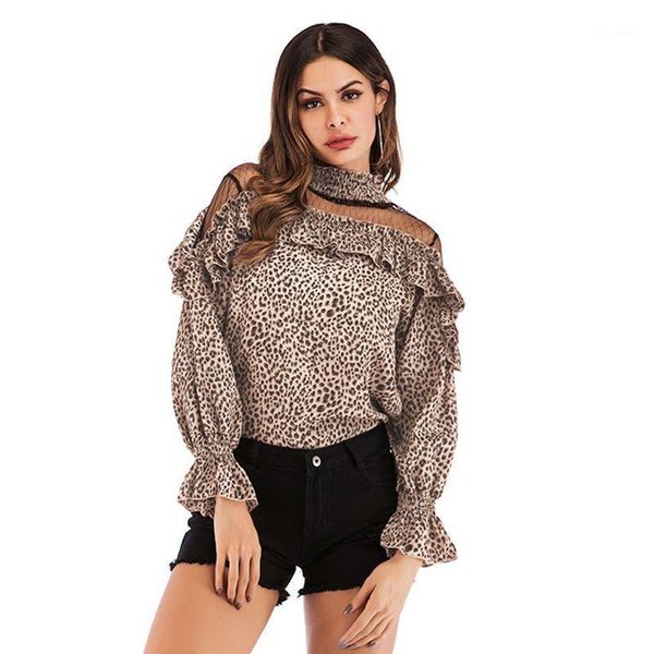 

2020 new autumn female shirt fashion leopard print chiffon stitching lotus leaf gauze loose women blouse snug1, White