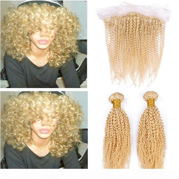 

russian blonde human hair wefts kinky curly 2bundles with frontal pure 613 blonde virgin hair weaves with 13x4 lace frontal closure, Black;brown