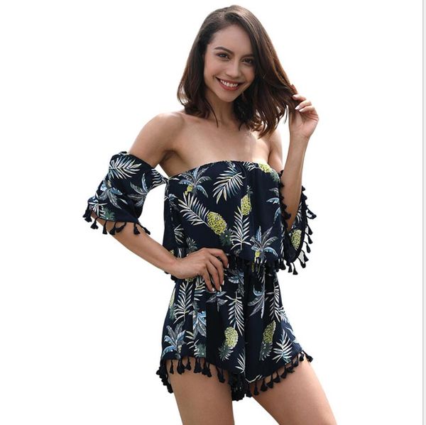 

one-shoulder halter fringed ruffled print jumpsuit shorts female, White;black