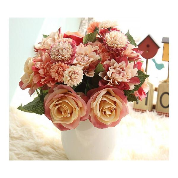 

1 bouquet 30cm roses dahlias daisies silk flower wedding bouquet artificial flowers fall vivid fake leaf bridal b bbychs bdesports
