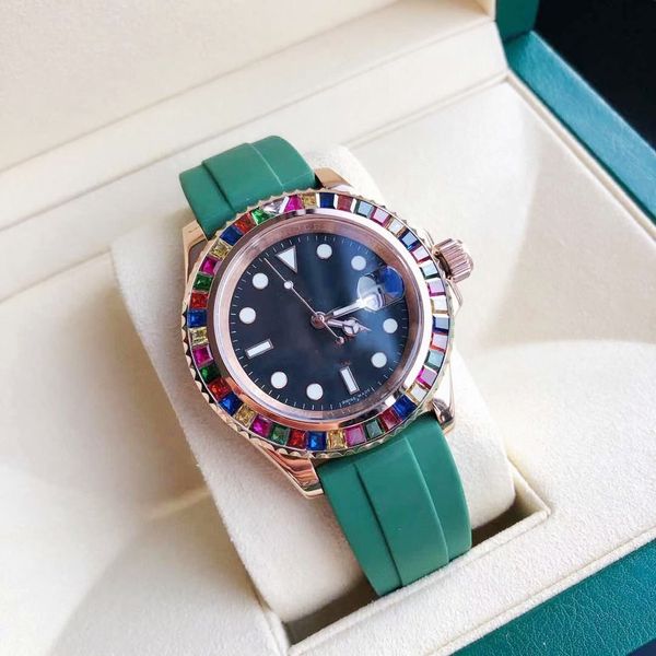 

40mm automatic mechanical watch square rainbow diamond multicolor fashion rubber strap mechanical wristwatch, sports waterproof watches, Slivery;brown