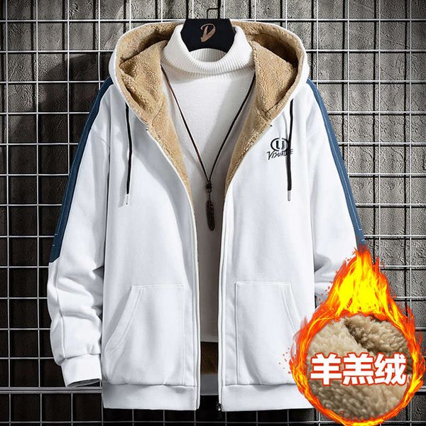 

cardigan sweater men's thickened autumn and cashmere loose hooded casual coat zipper junior high school winter wear, Black