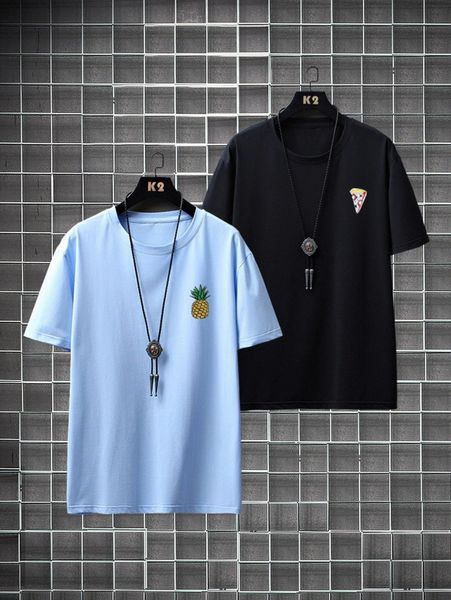 

men 2pcs pineapple and pizza print tee without necklace 34h8#, White;black