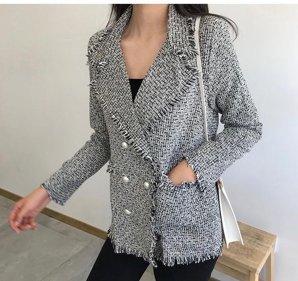 

cbafu tassel tweed jacket women coat outwear long sleeve single button turn down collar casual pocket runway red black n7631, Black;brown