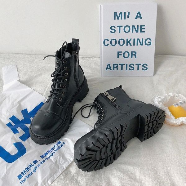 

2020 new boots women platform warm shoes winter fashion mid-calf boots ankle zipper leather women botas mujer #lp2r, Black