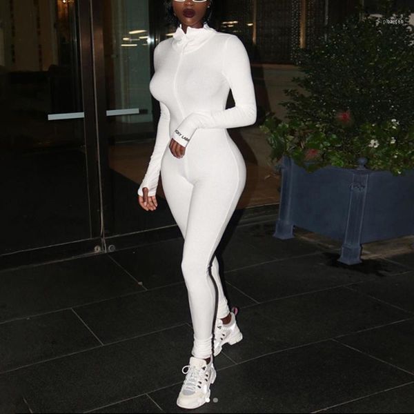 

white bodycon jumpsuit romper black long sleeve bodysuit women zipper turtleneck jumpsuits elegant full length polyester11, Black;white