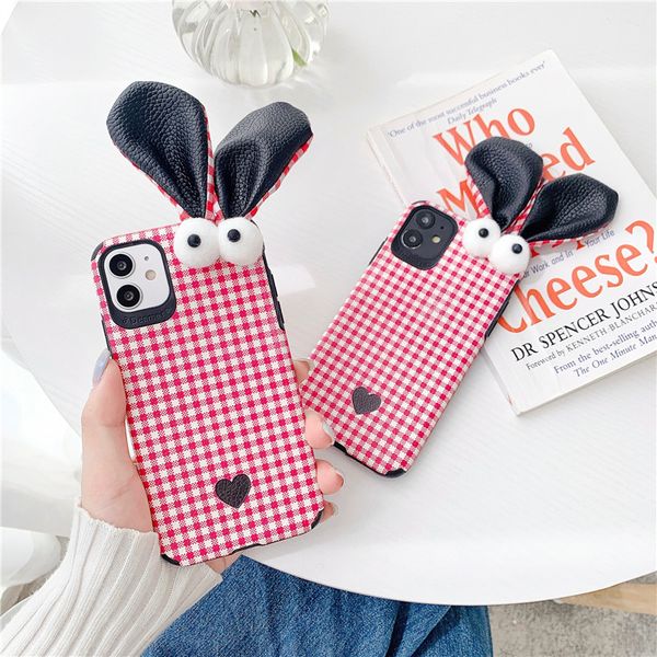

plaid check 3d rabbit ear big eyes mobile phone case cover for iphone 11 pro max 7 8 plus x xr