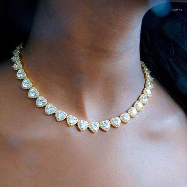 

iced out bling zircon heart tennis chain necklace women hip hop fashio jewelry 10mm gold silver color heart cz choker1, Golden;silver