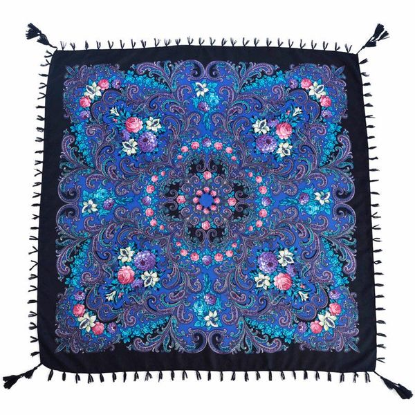 

scarves russia square scarf for women autumn winter shawl retro floral printing handmade tassel flower blanket handkerchief 90cm, Blue;gray