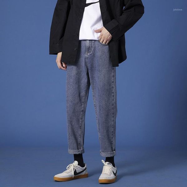 

jeans, men's fashion brand, loose straight trousers, nine-point trousers, trend, young wild daddy wide-leg trousers1, Blue