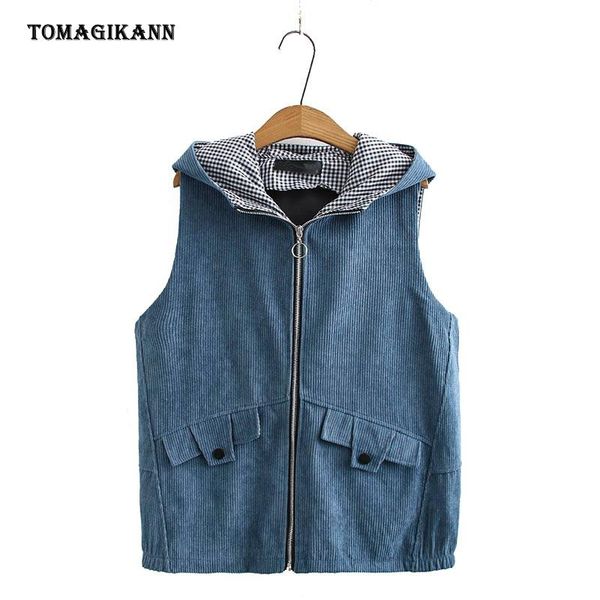 

women plus size vest solid hooded corduroy waistcoat 2021 autumn retro korean female zipper coats outerwear, Black;white