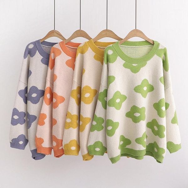 

lazy wind big flower knitted round neck sweater women loose mid-length warm long-sleeved sweater pullover cotton female spring1, White;black