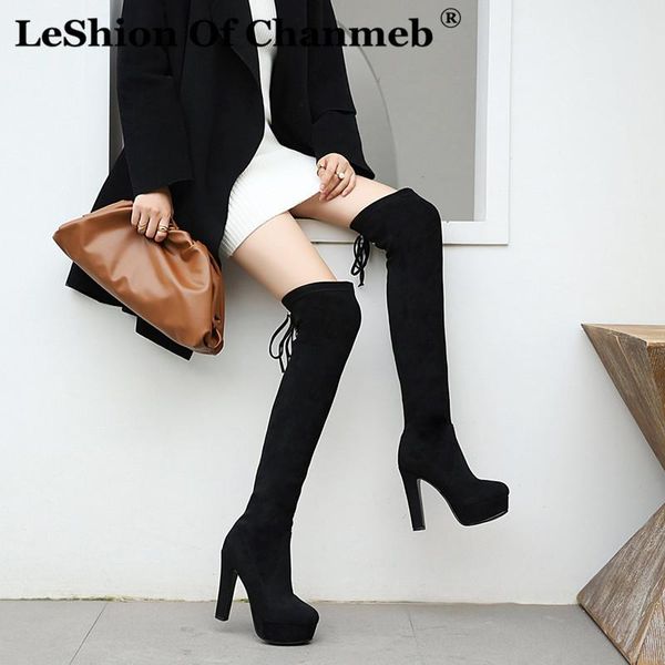 

boots leshion of chanmeb high heels over the knee women platform stretch thigh size 43 winter shoes botas mujer, Black
