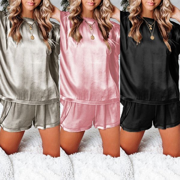 

new spring summer women sleepwear pajamas sets imitated slik lounge sleep homewear two piece clothing sets t-shirt shorts suit cz20103, White